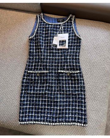 Chanel Women's Tweed Sleeveless Dress Blue