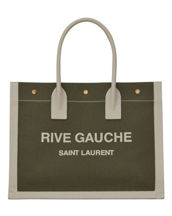 Saint Laurent Rive Gauche Small Tote Bag In Linen And Leather Green